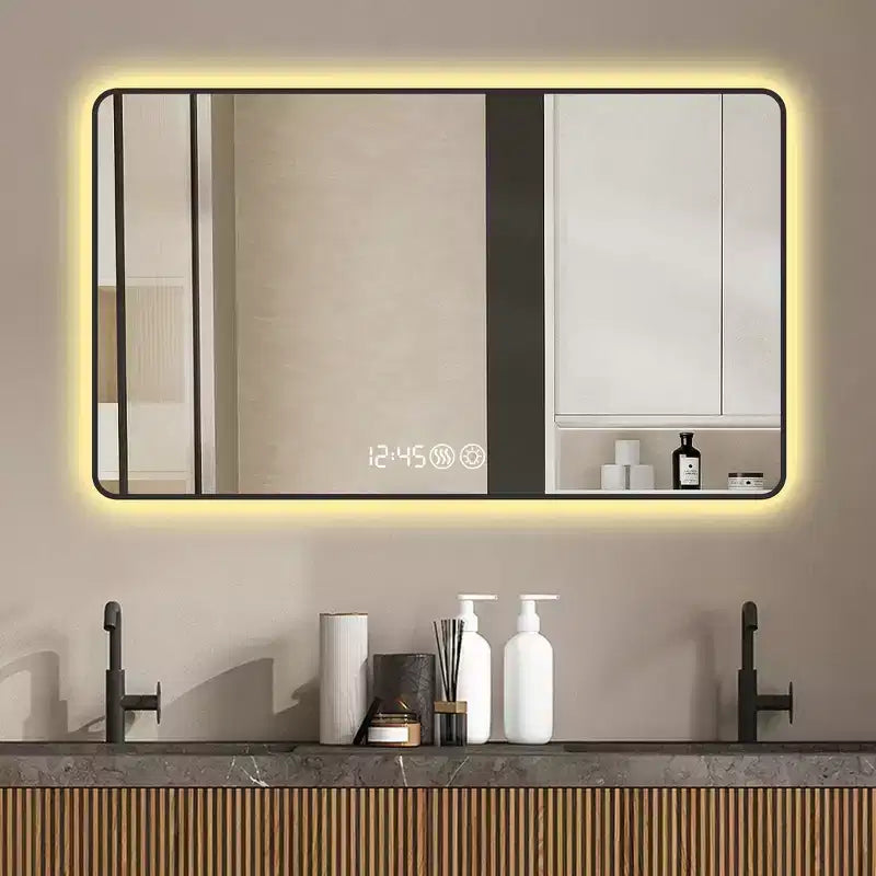 Whisen LED Bathroom Wall Mirror with Aluminum Alloy Frame and Defogging Function, Temperature & Time Display - Black