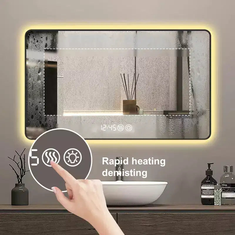 Whisen LED Bathroom Wall Mirror with Aluminum Alloy Frame and Defogging Function, Temperature & Time Display - Black