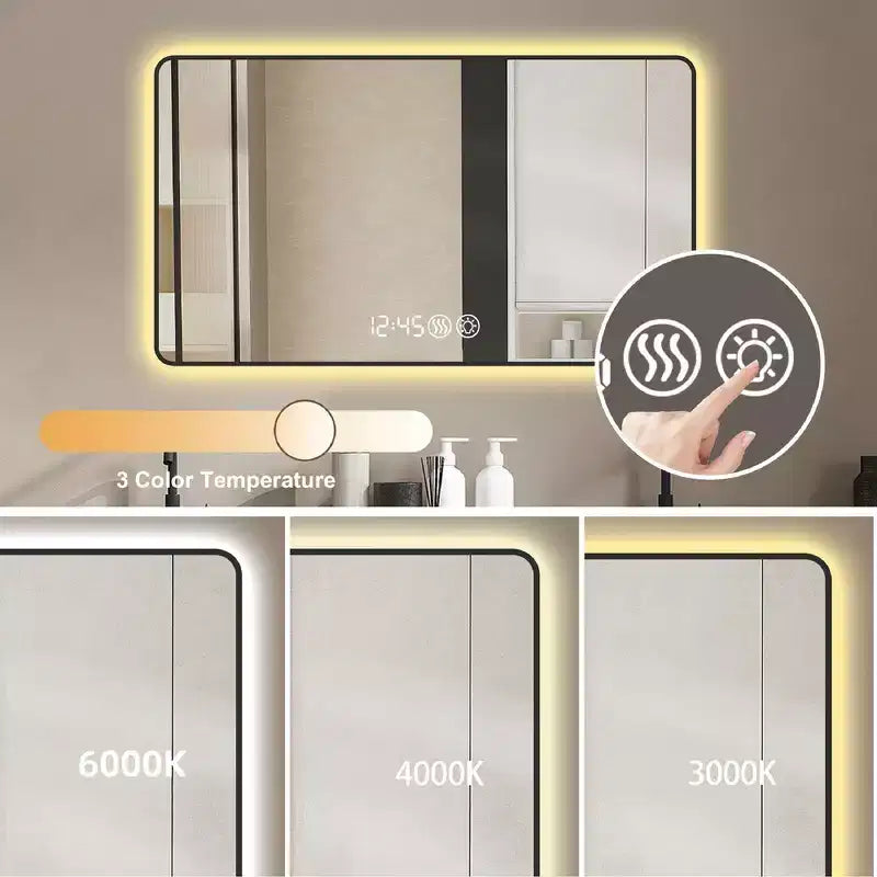 Whisen LED Bathroom Wall Mirror with Aluminum Alloy Frame and Defogging Function, Temperature & Time Display - Black