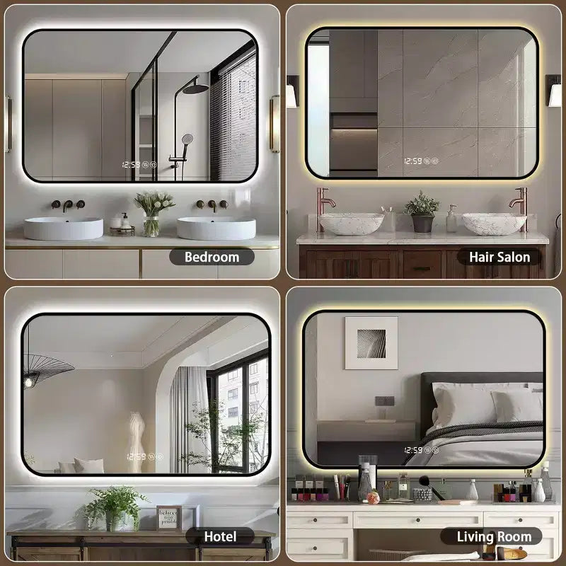 Whisen LED Bathroom Wall Mirror with Aluminum Alloy Frame and Defogging Function, Temperature & Time Display - Black