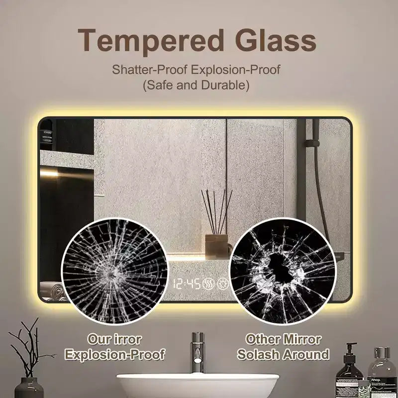 Whisen LED Bathroom Wall Mirror with Aluminum Alloy Frame and Defogging Function, Temperature & Time Display - Black
