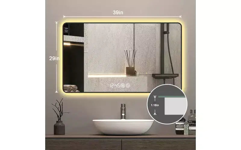 Whisen LED Bathroom Wall Mirror with Aluminum Alloy Frame and Defogging Function, Temperature & Time Display - Black