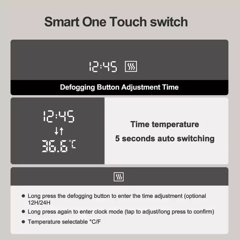 Whisen LED Bathroom Wall Mirror with Aluminum Alloy Frame and Defogging Function, Temperature & Time Display - Black