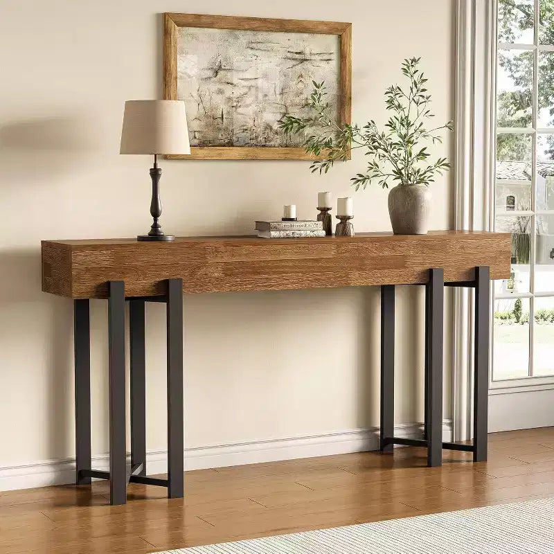 Lantine 63Console Table for Entryway, Farmhouse Behind Couch Table, Sofa Table with Black Metal Frame for Living Room, Oak