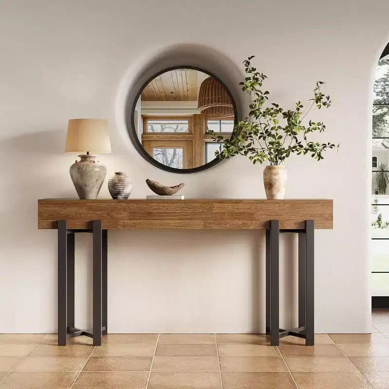 Lantine 63Console Table for Entryway, Farmhouse Behind Couch Table, Sofa Table with Black Metal Frame for Living Room, Oak