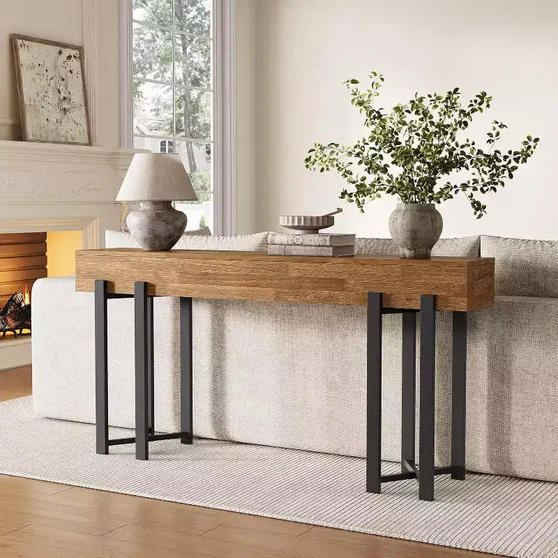 Lantine 63Console Table for Entryway, Farmhouse Behind Couch Table, Sofa Table with Black Metal Frame for Living Room, Oak