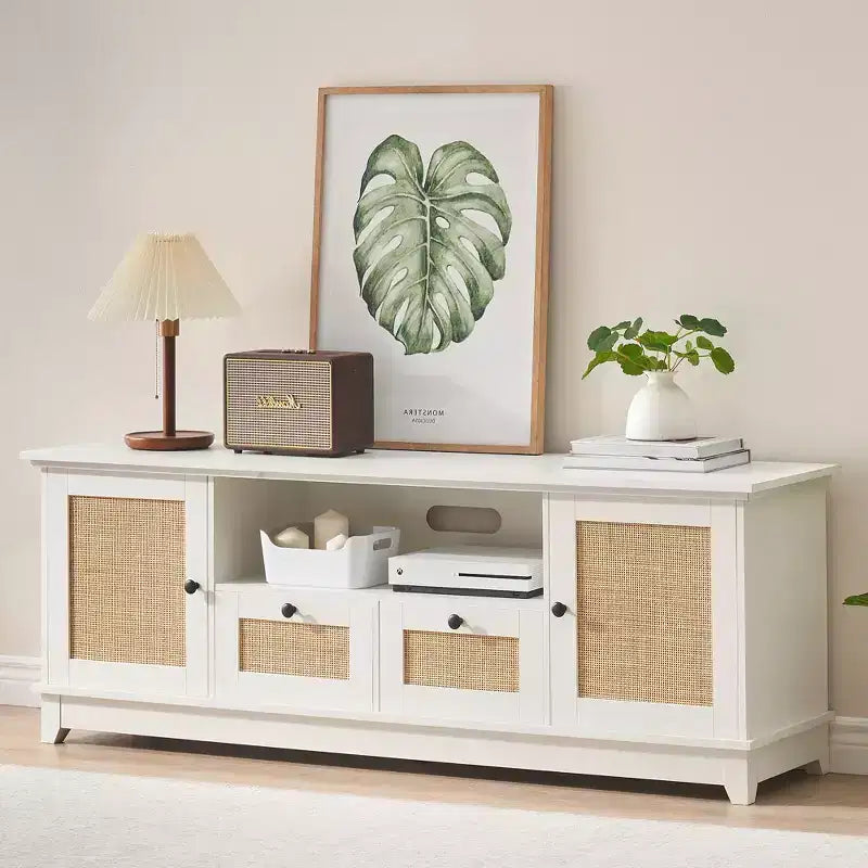 TV Stand for TVs up to 65'', Mid Century Modern Entertainment Center with with Storage and Doors, Boho Media TV Console for Living Room, Bedroom