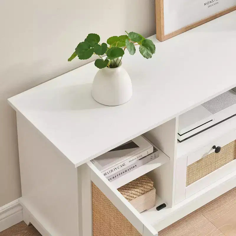 TV Stand for TVs up to 65'', Mid Century Modern Entertainment Center with with Storage and Doors, Boho Media TV Console for Living Room, Bedroom