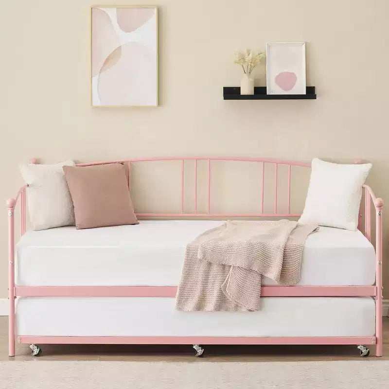 Coolmee Twin Size Metal Daybed with Trundle, Pull Out Trundle Bed Frame with Arched Headboard, Guest Sofa Bed with Steel Slat Support