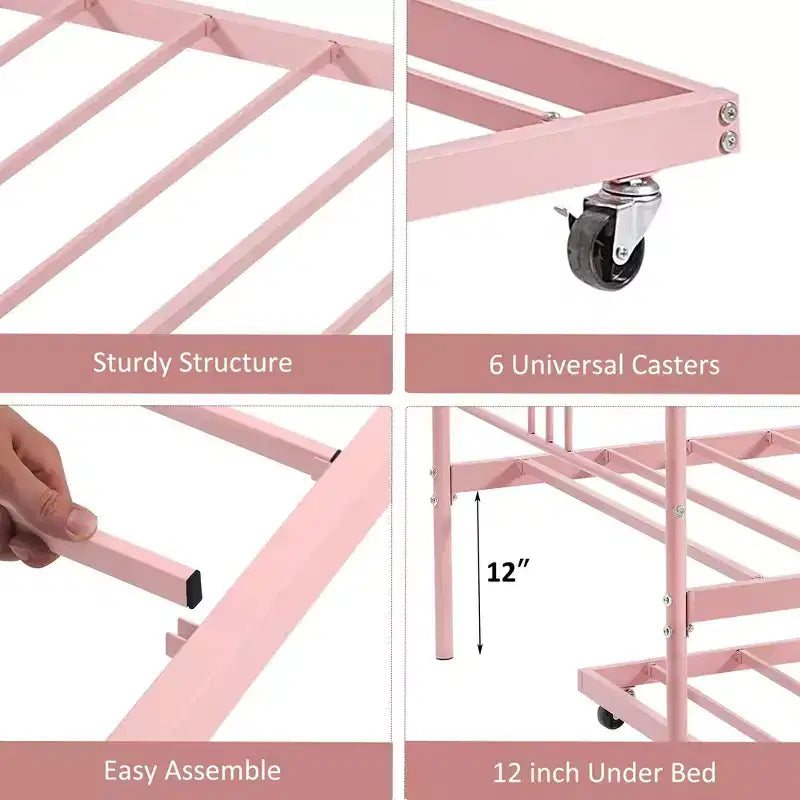 Coolmee Twin Size Metal Daybed with Trundle, Pull Out Trundle Bed Frame with Arched Headboard, Guest Sofa Bed with Steel Slat Support