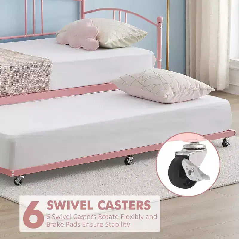 Coolmee Twin Size Metal Daybed with Trundle, Pull Out Trundle Bed Frame with Arched Headboard, Guest Sofa Bed with Steel Slat Support