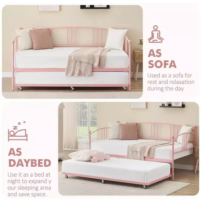 Coolmee Twin Size Metal Daybed with Trundle, Pull Out Trundle Bed Frame with Arched Headboard, Guest Sofa Bed with Steel Slat Support