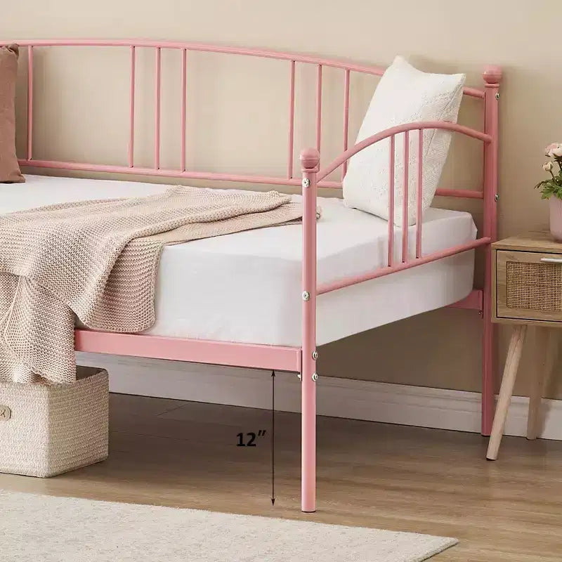 Coolmee Twin Size Metal Daybed with Trundle, Pull Out Trundle Bed Frame with Arched Headboard, Guest Sofa Bed with Steel Slat Support