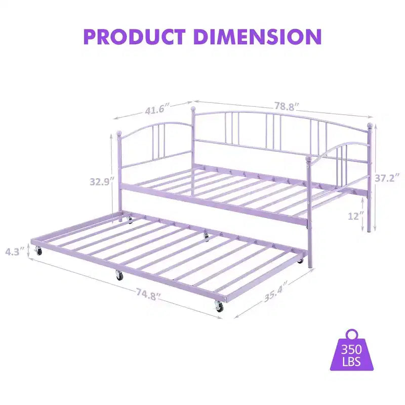 Coolmee Twin Size Metal Daybed with Trundle, Pull Out Trundle Bed Frame with Arched Headboard, Guest Sofa Bed with Steel Slat Support