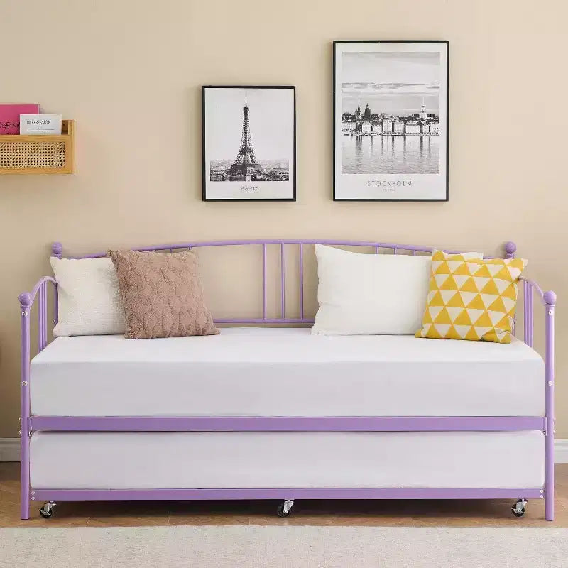 Coolmee Twin Size Metal Daybed with Trundle, Pull Out Trundle Bed Frame with Arched Headboard, Guest Sofa Bed with Steel Slat Support