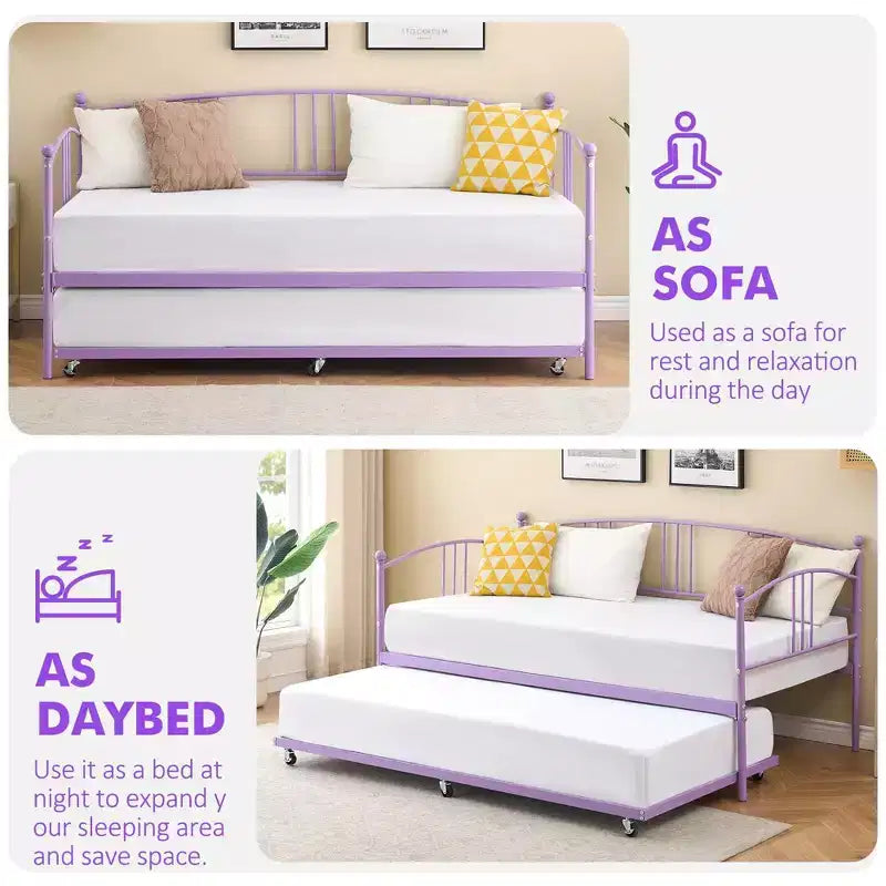 Coolmee Twin Size Metal Daybed with Trundle, Pull Out Trundle Bed Frame with Arched Headboard, Guest Sofa Bed with Steel Slat Support