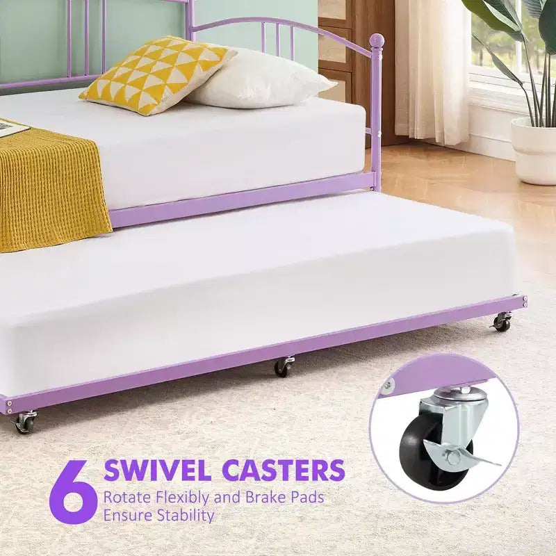 Coolmee Twin Size Metal Daybed with Trundle, Pull Out Trundle Bed Frame with Arched Headboard, Guest Sofa Bed with Steel Slat Support
