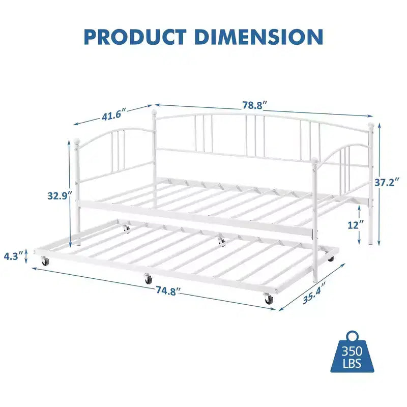 Coolmee Twin Size Metal Daybed with Trundle, Pull Out Trundle Bed Frame with Arched Headboard, Guest Sofa Bed with Steel Slat Support