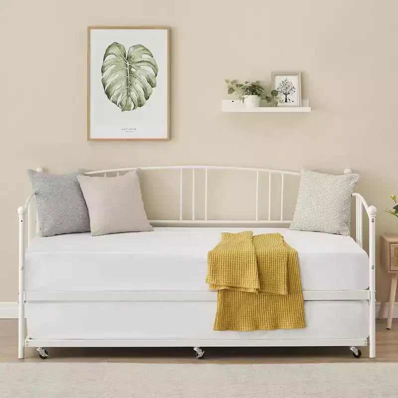 Coolmee Twin Size Metal Daybed with Trundle, Pull Out Trundle Bed Frame with Arched Headboard, Guest Sofa Bed with Steel Slat Support