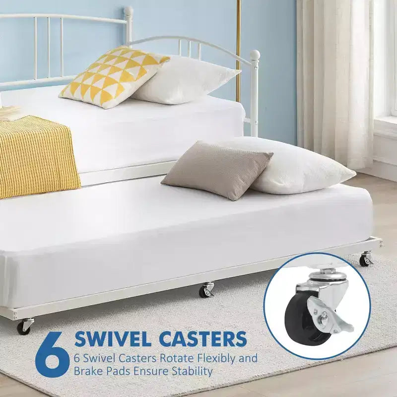 Coolmee Twin Size Metal Daybed with Trundle, Pull Out Trundle Bed Frame with Arched Headboard, Guest Sofa Bed with Steel Slat Support