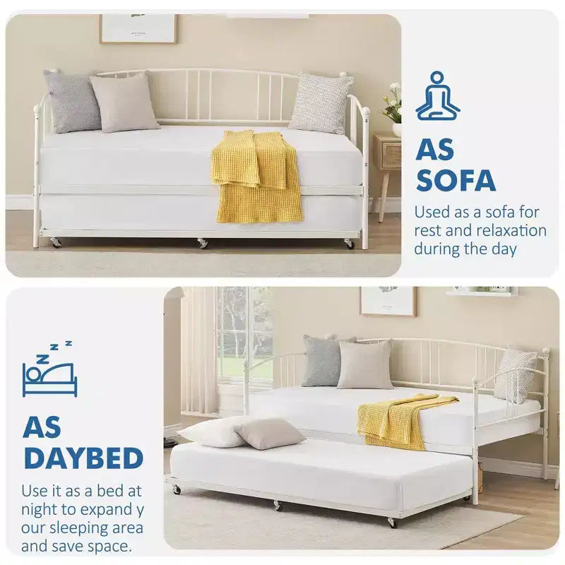Coolmee Twin Size Metal Daybed with Trundle, Pull Out Trundle Bed Frame with Arched Headboard, Guest Sofa Bed with Steel Slat Support