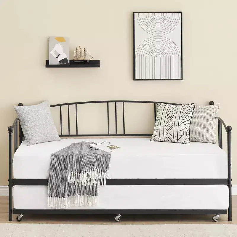 Coolmee Twin Size Metal Daybed with Trundle, Pull Out Trundle Bed Frame with Arched Headboard, Guest Sofa Bed with Steel Slat Support