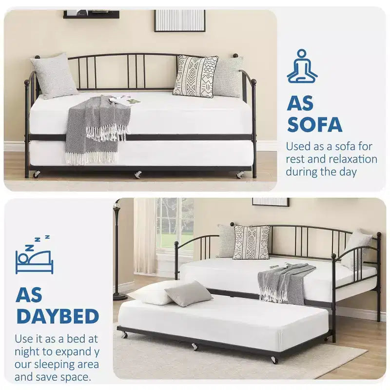 Coolmee Twin Size Metal Daybed with Trundle, Pull Out Trundle Bed Frame with Arched Headboard, Guest Sofa Bed with Steel Slat Support