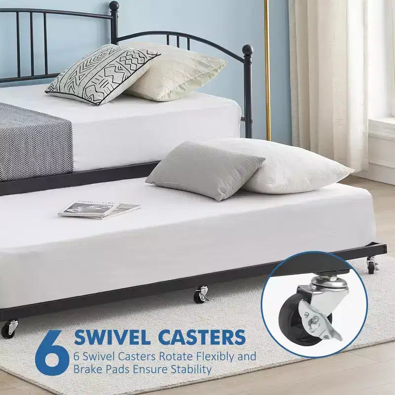 Coolmee Twin Size Metal Daybed with Trundle, Pull Out Trundle Bed Frame with Arched Headboard, Guest Sofa Bed with Steel Slat Support