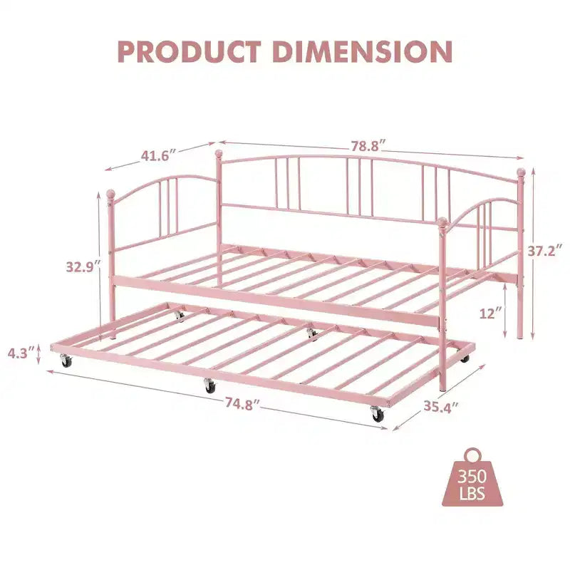 Coolmee Twin Size Metal Daybed with Trundle, Pull Out Trundle Bed Frame with Arched Headboard, Guest Sofa Bed with Steel Slat Support