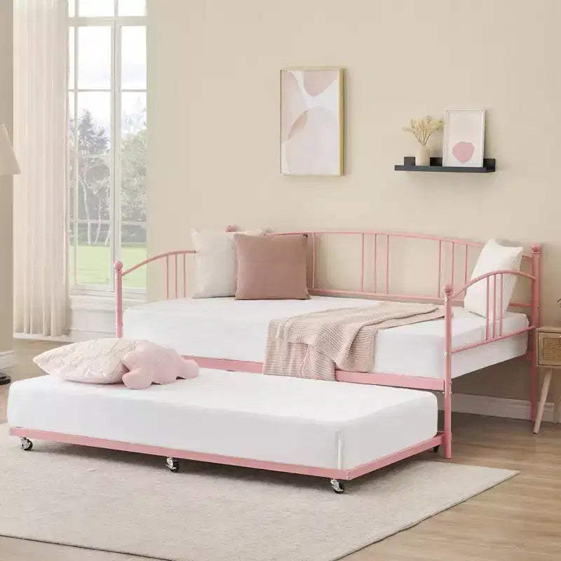Coolmee Twin Size Metal Daybed with Trundle, Pull Out Trundle Bed Frame with Arched Headboard, Guest Sofa Bed with Steel Slat Support