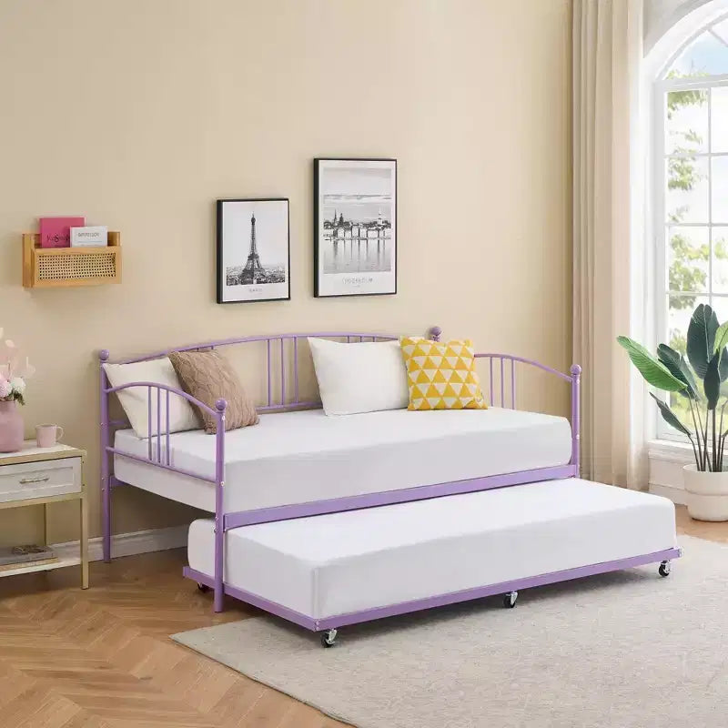 Coolmee Twin Size Metal Daybed with Trundle, Pull Out Trundle Bed Frame with Arched Headboard, Guest Sofa Bed with Steel Slat Support
