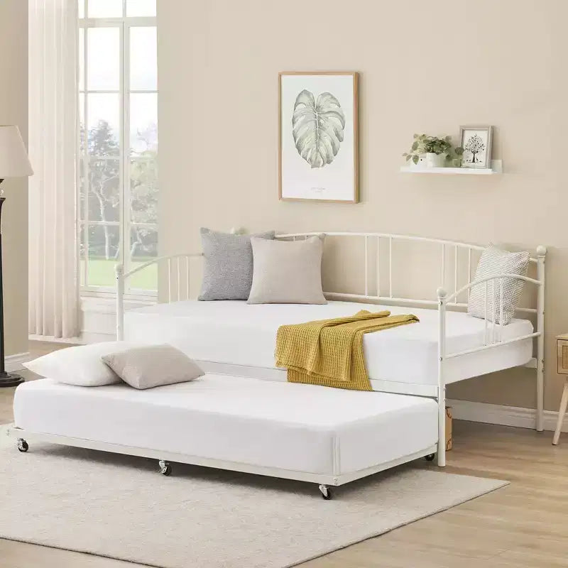 Coolmee Twin Size Metal Daybed with Trundle, Pull Out Trundle Bed Frame with Arched Headboard, Guest Sofa Bed with Steel Slat Support