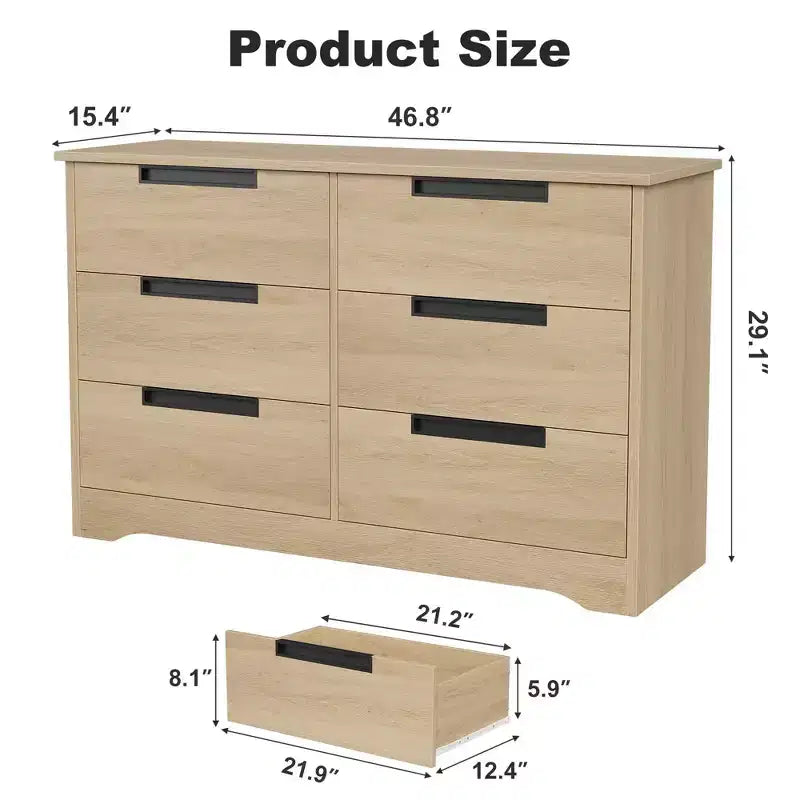 6 Drawer Dresser for Bedroom, 46.8W Wooden Chest of Drawers with Embedded Handles, Clothes Storage Organizer, Dresser TV Stand for Hallway