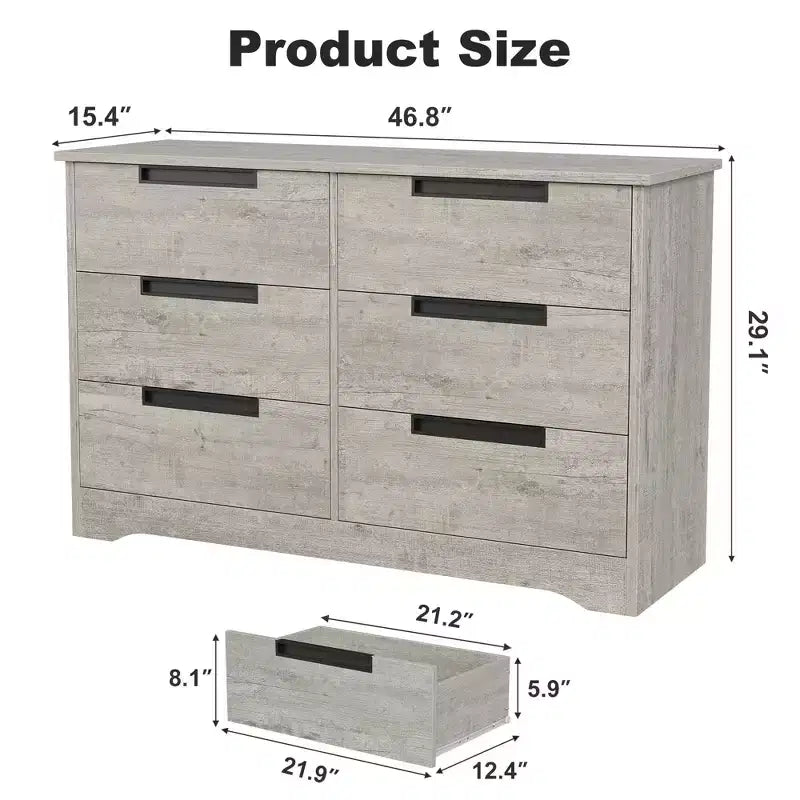 6 Drawer Dresser for Bedroom, 46.8W Wooden Chest of Drawers with Embedded Handles, Clothes Storage Organizer, Dresser TV Stand for Hallway