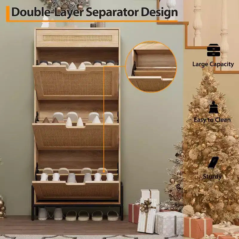 Shoe Cabinet with 3 Flip Drawers and Single Drawers - Hidden Wood Rattan Shoe Storage Cabinet
