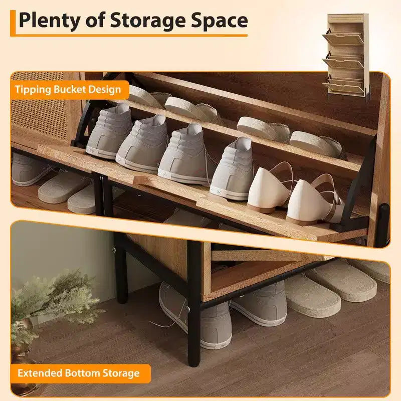 Shoe Cabinet with 3 Flip Drawers and Single Drawers - Hidden Wood Rattan Shoe Storage Cabinet