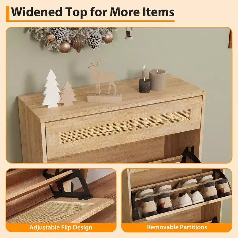 Shoe Cabinet with 3 Flip Drawers and Single Drawers - Hidden Wood Rattan Shoe Storage Cabinet