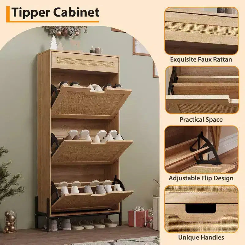Shoe Cabinet with 3 Flip Drawers and Single Drawers - Hidden Wood Rattan Shoe Storage Cabinet