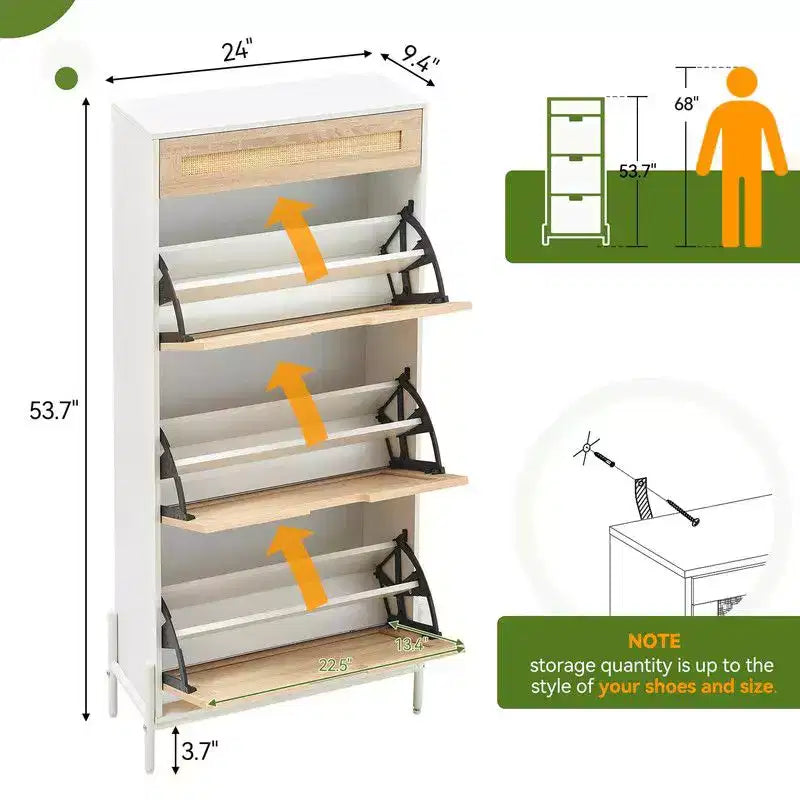 Shoe Cabinet with 3 Flip Drawers and Single Drawers - Hidden Wood Rattan Shoe Storage Cabinet