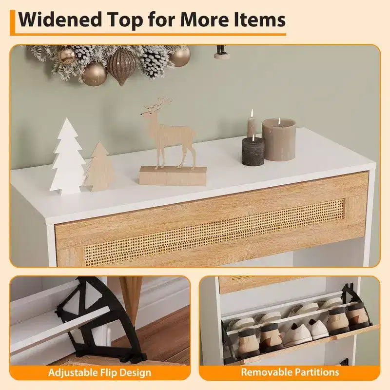 Shoe Cabinet with 3 Flip Drawers and Single Drawers - Hidden Wood Rattan Shoe Storage Cabinet