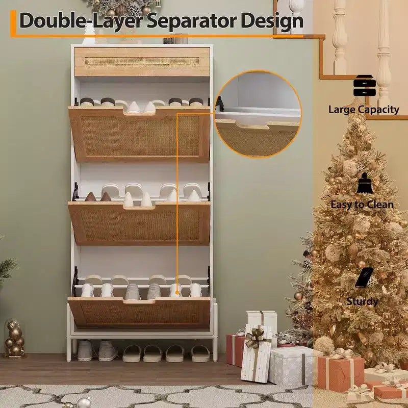 Shoe Cabinet with 3 Flip Drawers and Single Drawers - Hidden Wood Rattan Shoe Storage Cabinet