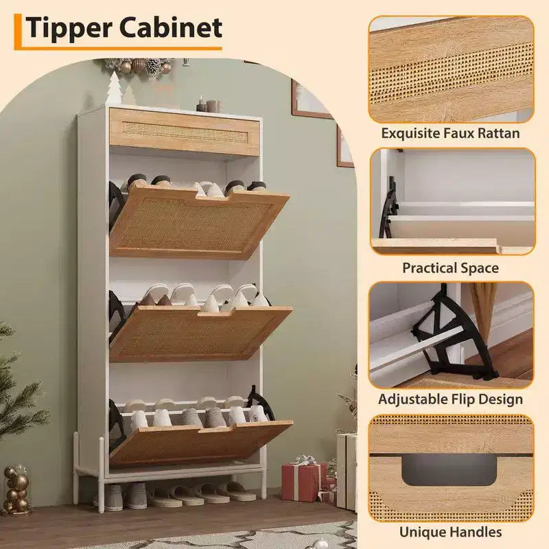 Shoe Cabinet with 3 Flip Drawers and Single Drawers - Hidden Wood Rattan Shoe Storage Cabinet