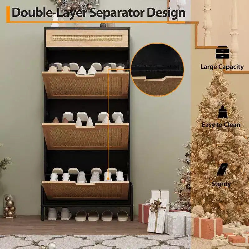 Shoe Cabinet with 3 Flip Drawers and Single Drawers - Hidden Wood Rattan Shoe Storage Cabinet