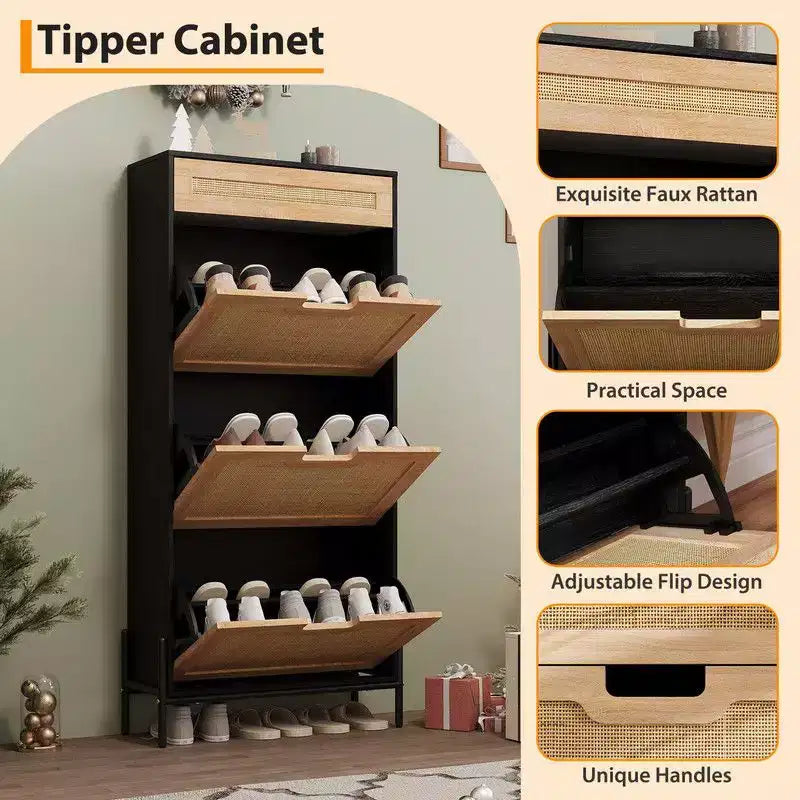 Shoe Cabinet with 3 Flip Drawers and Single Drawers - Hidden Wood Rattan Shoe Storage Cabinet