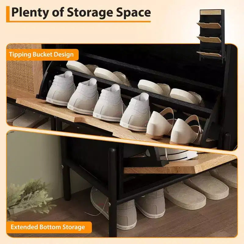 Shoe Cabinet with 3 Flip Drawers and Single Drawers - Hidden Wood Rattan Shoe Storage Cabinet