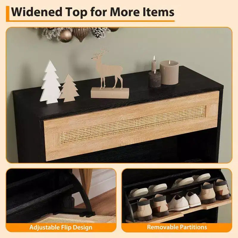 Shoe Cabinet with 3 Flip Drawers and Single Drawers - Hidden Wood Rattan Shoe Storage Cabinet