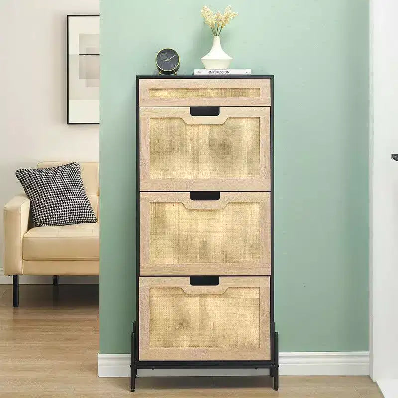 Shoe Cabinet with 3 Flip Drawers and Single Drawers - Hidden Wood Rattan Shoe Storage Cabinet