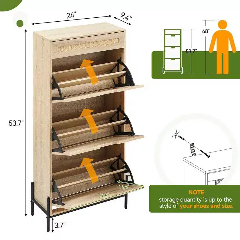 Shoe Cabinet with 3 Flip Drawers and Single Drawers - Hidden Wood Rattan Shoe Storage Cabinet