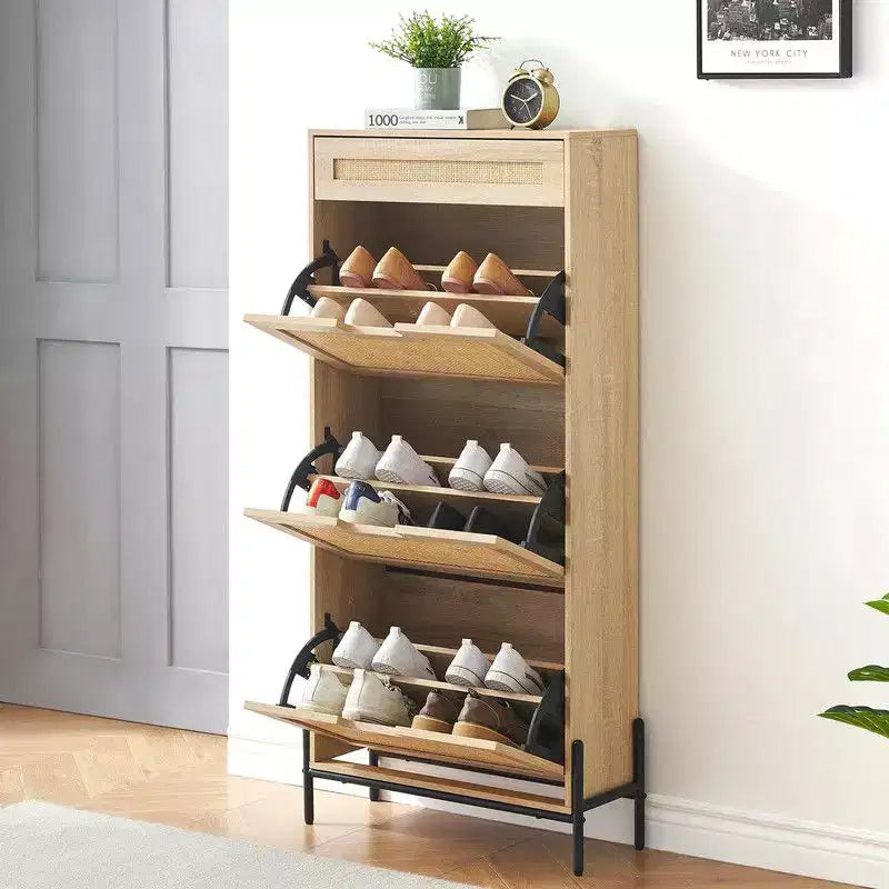 Shoe Cabinet with 3 Flip Drawers and Single Drawers - Hidden Wood Rattan Shoe Storage Cabinet