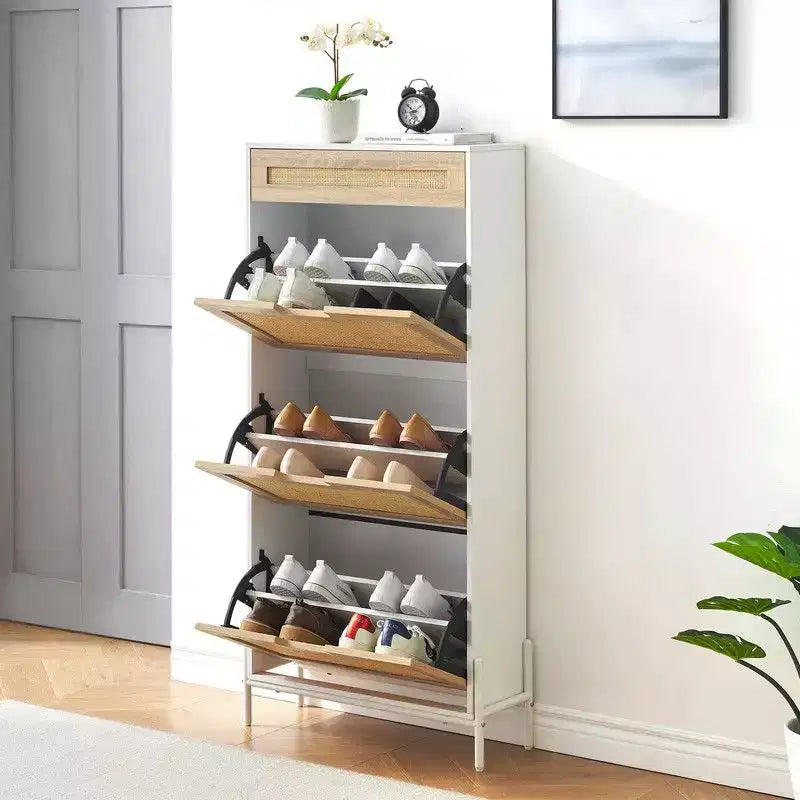 Shoe Cabinet with 3 Flip Drawers and Single Drawers - Hidden Wood Rattan Shoe Storage Cabinet
